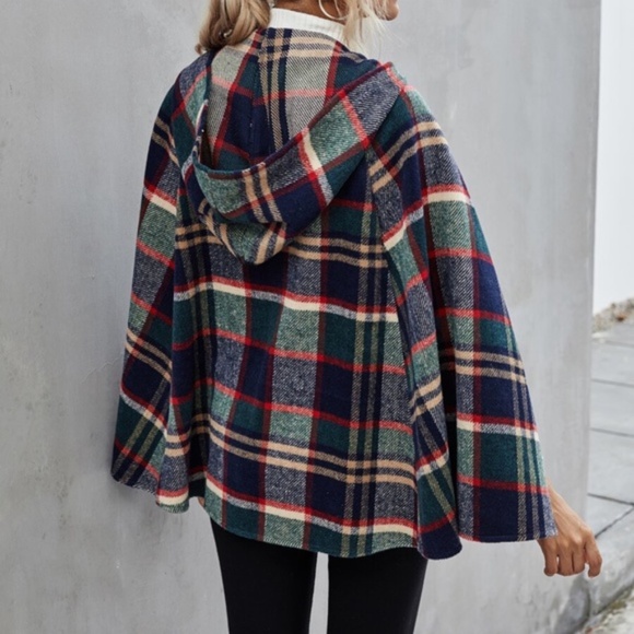 Plaid green navy hoodie cape style jacket - Picture 2 of 4